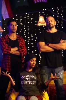 Varun Dhawan and Rohit Shetty with Superwoman Lily Singh on the sets of 'Dilwale'
