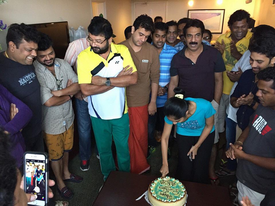 'Badai Bungalow' Fame Arya celebrated her birthday with the crew members of Jayaram show in the US. Badai Bungalow,Badai Bungalow arya,Arya Badai Bungalow,Badai Bungalow arya birthday,Jayaram show 2015,Jayaram,Ramesh pisharody,dharmajan