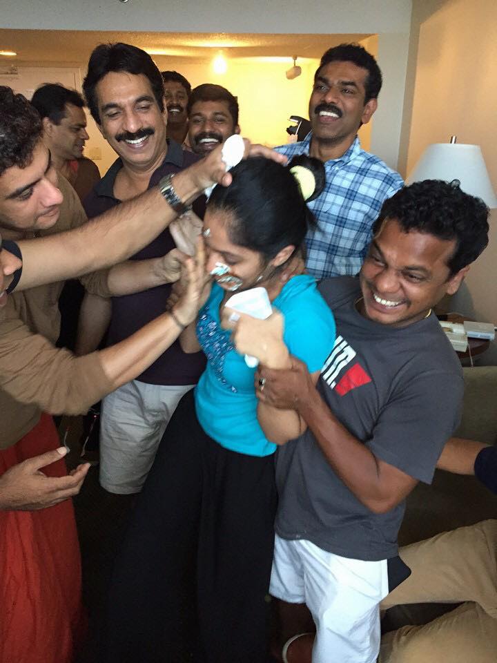 'Badai Bungalow' Fame Arya celebrated her birthday with the crew members of Jayaram show in the US. Badai Bungalow,Badai Bungalow arya,Arya Badai Bungalow,Badai Bungalow arya birthday,Jayaram show 2015,Jayaram,Ramesh pisharody,dharmajan