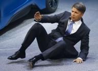 BMW CEO Harald Krueger collapses at a presentation during the media day at the Frankfurt Motor Show (IAA) in Frankfurt, Germany.