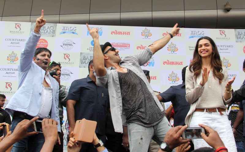 Bollywood actor Ranveer Singh and actress Deepika Padukone launch Gajanana song from the movie Bajirao Mastani. Ranveer Singh,Deepika Padukone,Ranveer Singh and Deepika Padukone,Gajanana,Gajanana song,Gajanana song from Bajirao Mastani Movie,Bajirao Mastani,bollywood movie Bajirao Mastani