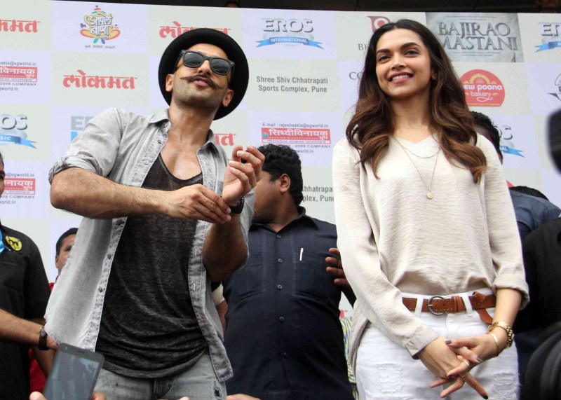 Bollywood actor Ranveer Singh and actress Deepika Padukone launch Gajanana song from the movie Bajirao Mastani. Ranveer Singh,Deepika Padukone,Ranveer Singh and Deepika Padukone,Gajanana,Gajanana song,Gajanana song from Bajirao Mastani Movie,Bajirao Mastani,bollywood movie Bajirao Mastani