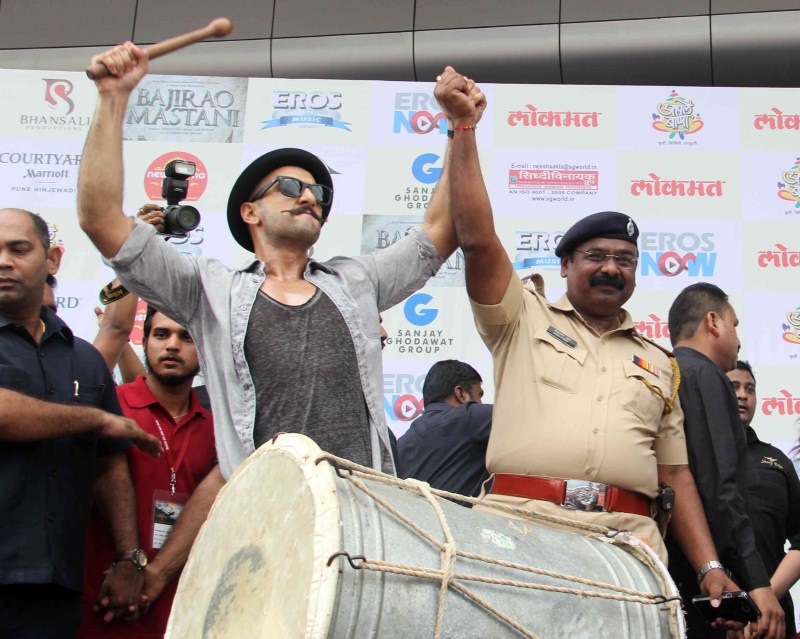 Bollywood actor Ranveer Singh and actress Deepika Padukone launch Gajanana song from the movie Bajirao Mastani. Ranveer Singh,Deepika Padukone,Ranveer Singh and Deepika Padukone,Gajanana,Gajanana song,Gajanana song from Bajirao Mastani Movie,Bajirao Mastani,bollywood movie Bajirao Mastani