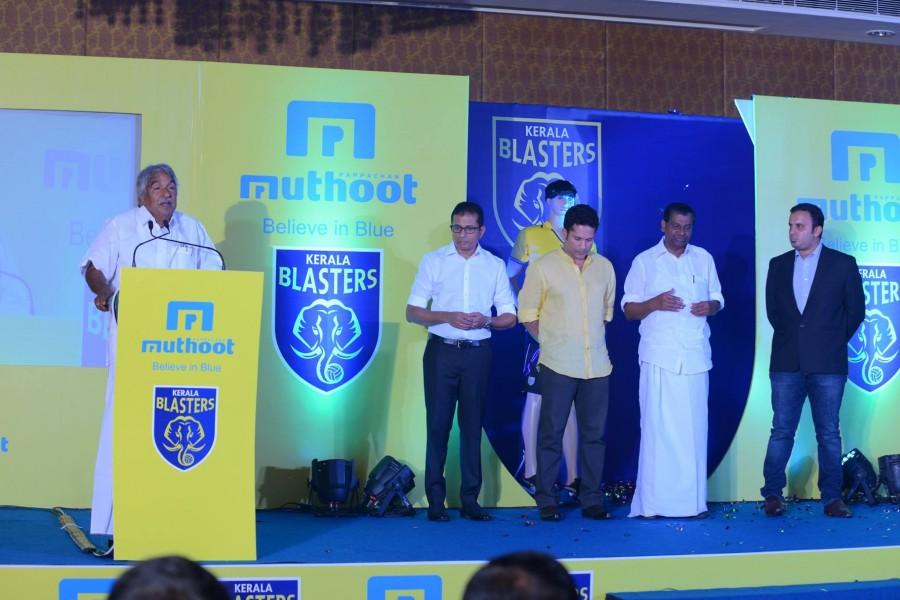 Cricket legend Sachin Tendulkar, the owner of Kerala Blasters (Indian Super League football team) unveiled his team members on Wednesday, 16 September. Kerala blasters,Kerala blasters team,Kerala blasters team unveiled,sachin tendulkar,sachin tendulkar kerala blasters