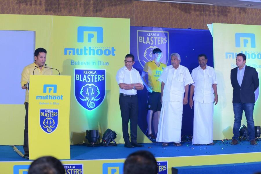 Cricket legend Sachin Tendulkar, the owner of Kerala Blasters (Indian Super League football team) unveiled his team members on Wednesday, 16 September. Kerala blasters,Kerala blasters team,Kerala blasters team unveiled,sachin tendulkar,sachin tendulkar kerala blasters