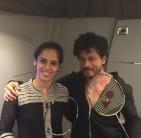 Badminton star Saina Nehwal met Bollywood King Khan during the shooting of his upcoming film 'Dilwale'.
