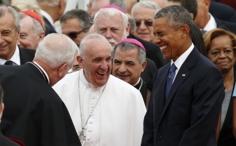 President Obama and his family greet Pope Francis after he lands on US soil. President Obama,Obama,Barack Obama,Pope Francis in US,Pope Francis,Pope Francis arrives United States