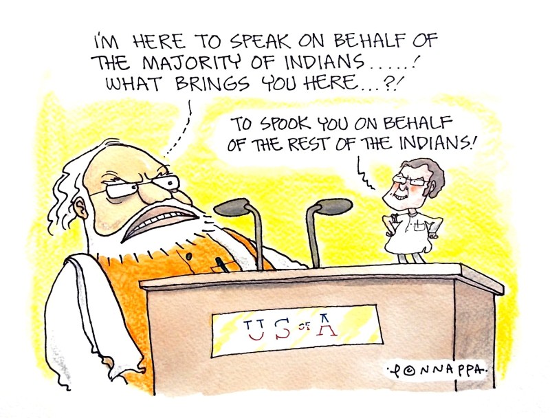 Modi and Rahul in the US cartoon. IBTimes Daily Cartoon,Daily Cartoon,Cartoon pics,Cartoon images,Cartoon stills,Cartoon pictures,Ponnappa,Ponnappa cartoon,Modi and Rahul in the US cartoon,Modi in US cartoon,Modi cartoon,Rahul cartoon