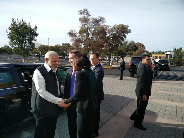 PM Modi arrives at Facebook HQ to address Townhall Q&A with Mark Zuckerberg in Menlo Park, California Narendra Modi,Prime Minister Narendra Modi at Facebook headquarters,Narendra Modi at Facebook headquarters,Facebook headquarters,Mark Zuckerberg