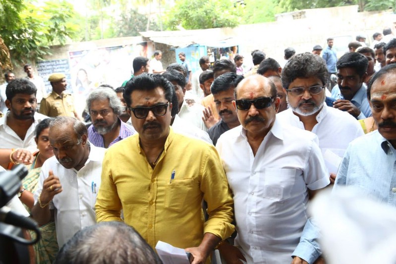 Sarathkumar the current president of South Indian Artistes Association (SIAA) along with his team members files nomination for Nadigar Sangam elections. Sarathkumar,Sarath kumar,Nadigar Sangam elections,Nadigar Sangam,SIAA,South Indian Artistes Association,radha ravi,Sarath Kumar files nomination for Nadigar Sangam elections,Sarath Kumar files nomination