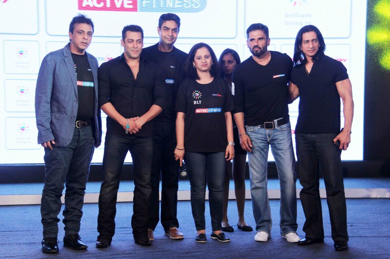 Bollywood actor Salman Khan and Suneil Shetty Launches Tata Sky's Health and Fitness Service in Mumabi. Salman Khan,Suniel Shetty,Tata Sky's Health and Fitness launch,Tata Sky's Health and Fitness,Salman Khan and Suniel Shetty