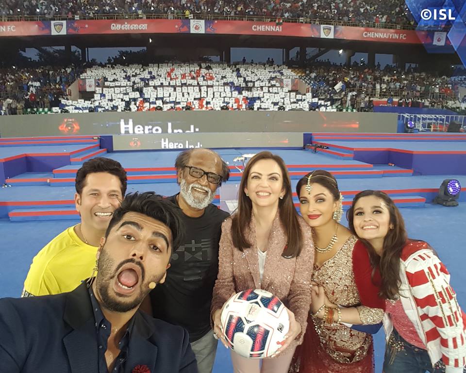 The second season of the Indian Super League got underway on Saturday with a dazzling opening ceremony in Chennai. Superstar Rajnikanth, Sachin Tendulkar, Arjun Kapoor, Aishwariya Rai, Amitabh Bachchan, Mukesh Ambani, Alia Bhatt and others attended the event. ISL 2015 opening ceremony,Indian Super League 2015 opening ceremony,Indian Super League 2015,Indian Super League,ISL 2015,Superstar Rajnikanth,Rajnikanth,Sachin Tendulkar,Arjun Kapoor,Aishwariya Rai,Amitabh Bachchan,Mukesh Ambani,Alia Bhatt