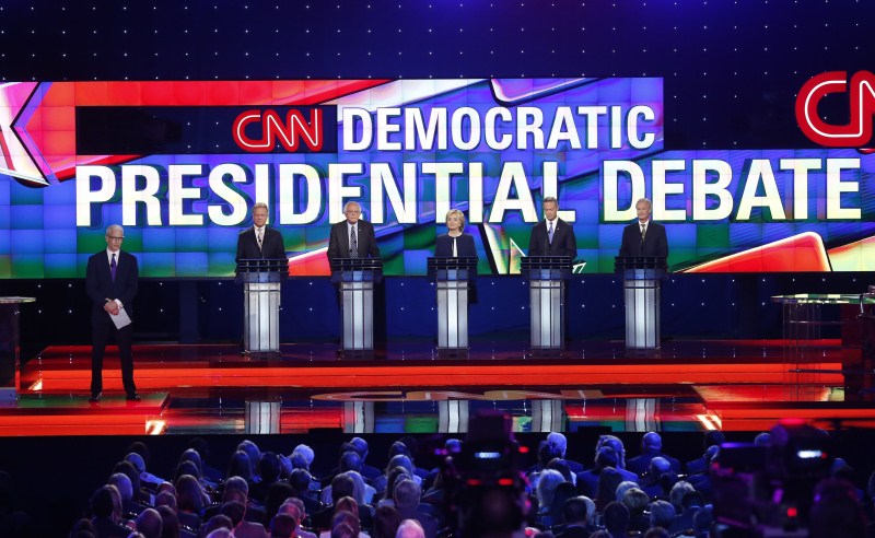 Hillary Clinton, Jim Webb, Bernie Sanders, Martin O'Malley at Democratic Presidential Debate in Las Vegas, Nevada. Democratic Presidential Debate,Jim Webb,Bernie Sanders,Hillary Clinton,Martin O'Malley,Democratic Presidential