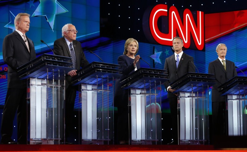 Hillary Clinton, Jim Webb, Bernie Sanders, Martin O'Malley at Democratic Presidential Debate in Las Vegas, Nevada. Democratic Presidential Debate,Jim Webb,Bernie Sanders,Hillary Clinton,Martin O'Malley,Democratic Presidential