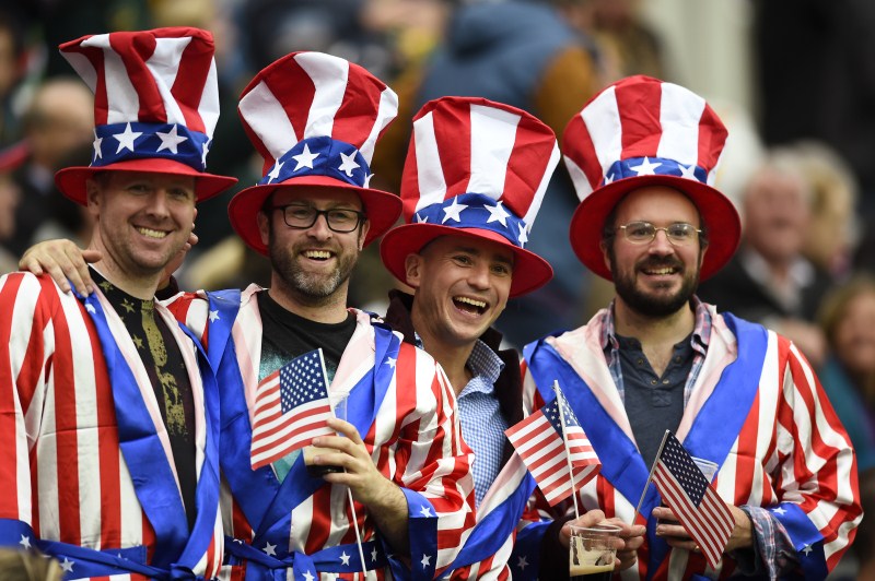 Fans posses during the IRB Rugby World Cup 2015 in Kingsholm. Rugby World Cup,Rugby World Cup 2015,IRB Rugby World Cup 2015,IRB Rugby World Cup,Fans posses,face paint