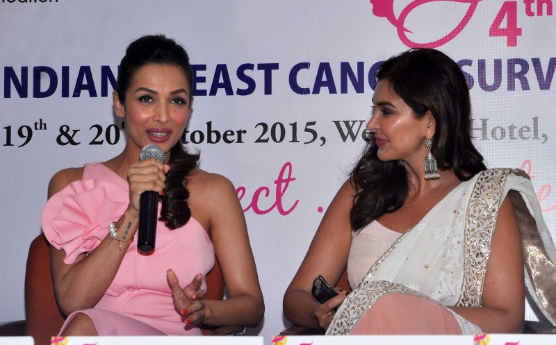 Malaika Arora Khan and Lisa Ray at the Indian Breast Cancer Survivors Conference to support Women's Cancer Initiative by Tata Memorial Hospital in Mumbai on Monday, 19 October 2015. Malaika Arora Khan,Lisa Ray,Indian Breast Cancer Survivors Conference,Breast Cancer,Women's Cancer,Tata Memorial Hospital,Malaika Arora Khan and Lisa Ray