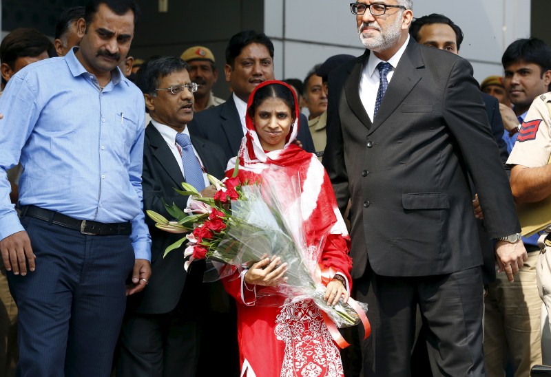 Geeta, a deaf-mute Indian woman who has been stranded in Pakistan for over a decade, arrived here on a flight from Pakistan. Geeta,Geeta lands in Delhi,Geeta lands in Delhi from Pakistan,Deaf-mute Geeta,IGI airport in Delhi,IGI airport