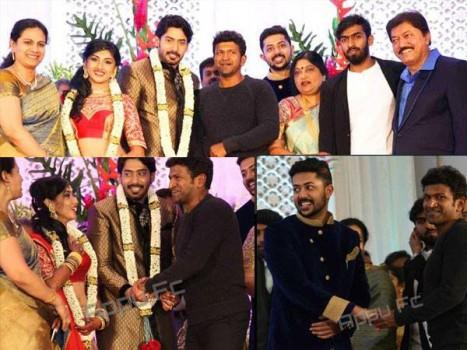 Kannada actor Puneeth Rajkumar, Jayanthi, Sudharani and Others attend Prajwal Devaraj and Ragini Chandran Wedding Reception.
