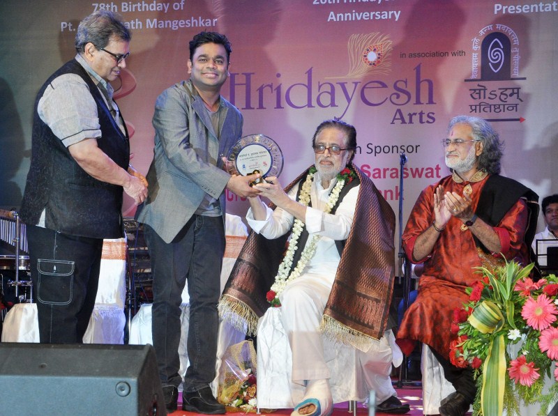Music maestro AR Rahman was conferred with the Hridaynath Mangeshkar Award by the veteran filmmaker, producer and director Subhash Ghai last evening in Mumbai. AR Rahman,AR Rahman receives Hridaynath Mangeshkar Award,Hridaynath Mangeshkar Award,Hridaynath Mangeshkar,Hridaynath Mangeshkar Award for AR Rahman,Subhash Ghai,Music maestro AR Rahman
