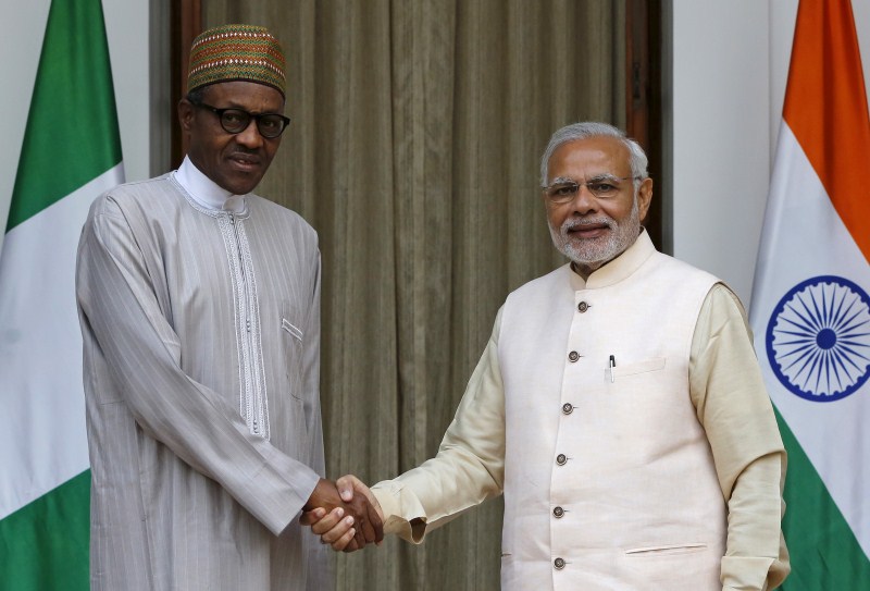 Indian Prime Minister Narendra Modi met Nigeria's President Muhammadu Buhari, Benin's President Boni Yayi, Swaziland's King Mswati III, Ghana's President John Dramani Mahama and Zimbabwe's President Robert Mugabe. Narendra Modi,Prime Minister Narendra Modi,Modi,Muhammadu Buhari,Boni Yayi,Mswati III,John Dramani Mahama,Robert Mugabe,Hyderabad House