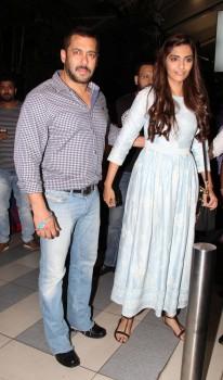 Bollywood actor Salman Khan and actress Sonam Kapoor returns from Delhi Promotions of their upcoming movie Prem Ratan Dhan Payo.