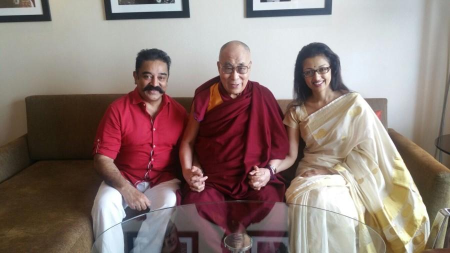Ulaganayagan Kamal Haasan and his partner Gautami met his Holiness Dalai Lama Kamal haasan,thoongavanam,kamal haasan meets dalai lama,dalai lama with celebs,Gautami kamal haasan with dalai lama