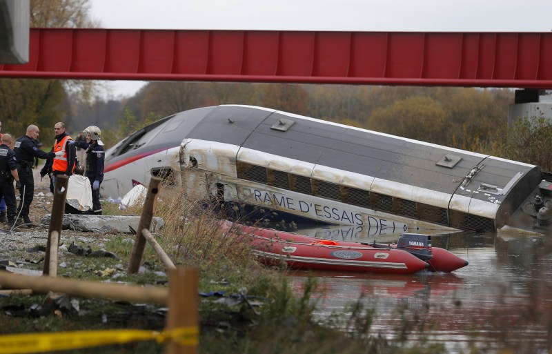 A train undergoing a trial on a new high-speed line from Paris to Strasbourg derailed near the German border. French train derails,French train derails on test run,train derails on test run,Paris to Strasbourg,trial train