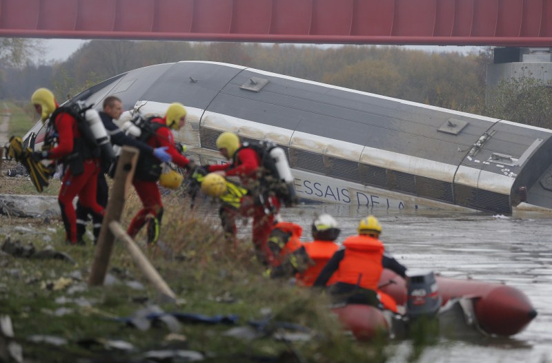 A train undergoing a trial on a new high-speed line from Paris to Strasbourg derailed near the German border. French train derails,French train derails on test run,train derails on test run,Paris to Strasbourg,trial train