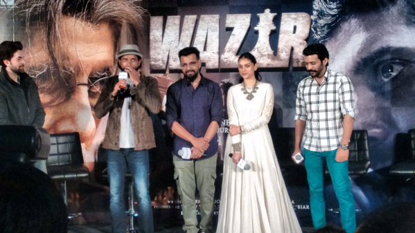 Wazir is an upcoming 2016 Bollywood drama film directed by Bejoy Nambiar and Produced by Vidhu Vinod Chopra, Aquib Khan and Rajkumar Hirani. Starring Amitabh Bachchan, Aditi Rao Hydari, Farhan Akhtar, John Abraham and Neil Nitin Mukesh in the lead role. Wazir trailer launch,Wazir trailer,bollywood movie Wazir,Amitabh Bachchan,Aditi Rao Hydari,Farhan Akhtar,John Abraham,Neil Nitin Mukesh,Wazir trailer launch pics,Wazir trailer launch images,Wazir trailer launch photos,Wazir trailer launch stills,Wazir tra