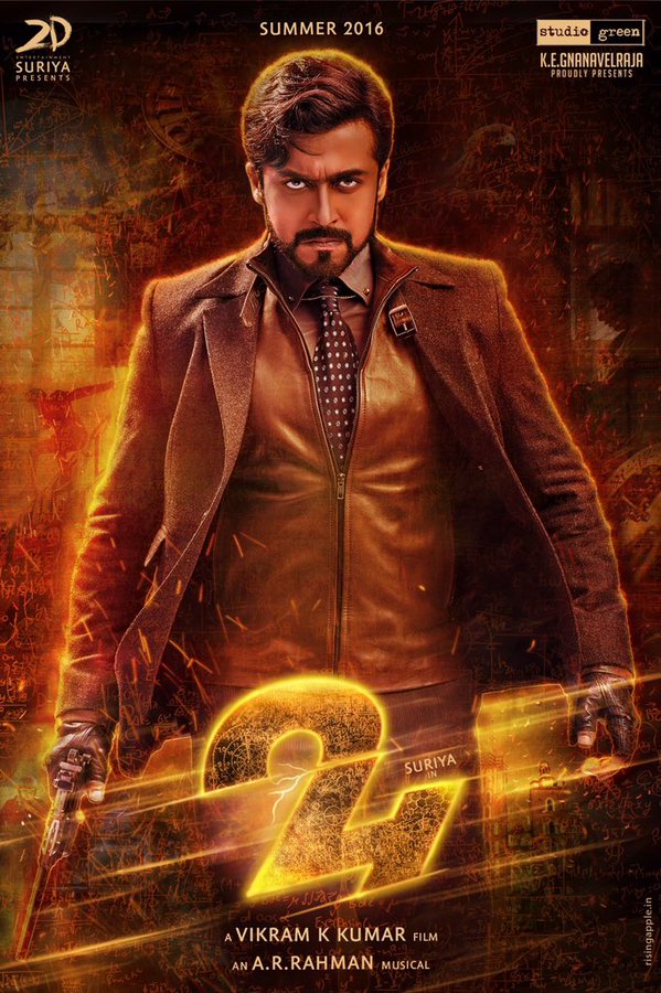24 is an upcoming Tamil science fiction thriller film written and directed by Vikram Kumar. The film features Suriya, Samantha and Nithya Menen in the leading roles, and music by AR Rahman. Suriya,Suriya 24 first look,Suriya's 24 first look poster,24 first look,24 first look poster,samantha