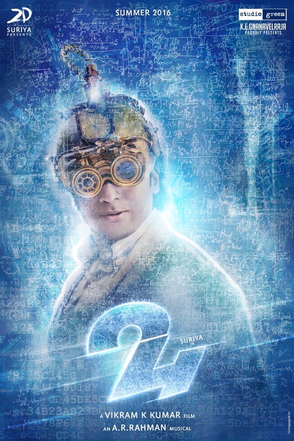 24 is an upcoming Tamil science fiction thriller film written and directed by Vikram Kumar. The film features Suriya, Samantha and Nithya Menen in the leading roles, and music by AR Rahman. Suriya,Suriya 24 first look,Suriya's 24 first look poster,24 first look,24 first look poster,samantha