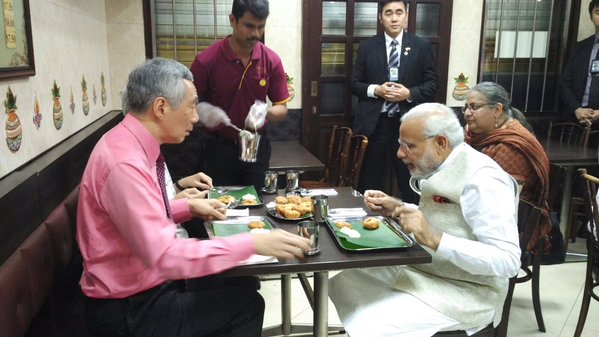 Indian Prime Minister Narendra Modi on Monday had dinner along with his Singapore counterpart Lee Hsien Loong at an Indian restaurant in the Little India locality of this city state. Narendra Modi,Lee Hsien Loong,Narendra Modi dines with Lee Hsien Loong,Little India,Modi,Modi in Singapore,Singapore counterpart Lee Hsien Loong