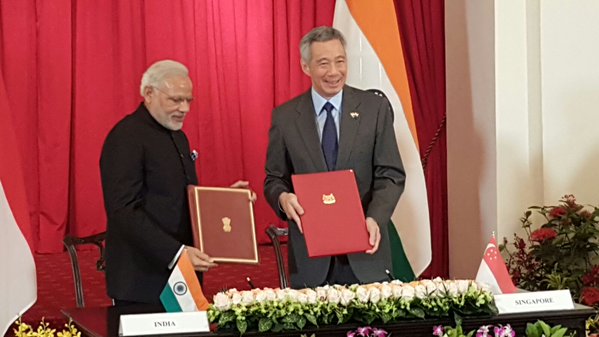 Ndia and Singapore signed a joint declaration on strategic partnership and nine bilateral accords on Tuesday (24 November), the second day of Prime Minister Narendra Modi's visit to this city state. India,Singapore,modi,Modi in Singapore,Prime Minister Narendra Modi,Narendra Modi,Modi,Singapore President Tony Tan Keng Yam,Emeritus Senior Minister Goh Chok Tong,Tony Tan Keng Yam,Goh Chok Tong
