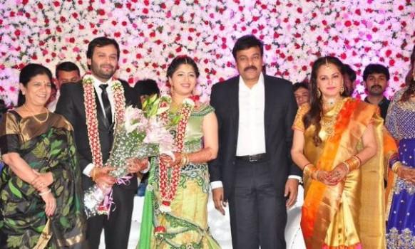 Veteran Actress Jayaprada's son Siddhu Wedding Respection held at Hyderabad. Celebs like Chiranjeevi, Sridevi, Boney Kapoor, Meena, Ambareesh, Vishnu Manchu, Mohan Babu, Manchu Nirmala Devi, Rajasekhar, Jeevitha, Jayasudha Kapoor, Allu Aravind, Kodi Rama Krishna, Raghavendra Rao, Ramesh Prasad, Subbirami Reddy and many others were present for the event.