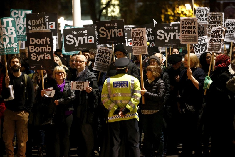 Britain's Parliament votes to launch bombing raids against Islamic State in Syria after more than 10 hours of tense debate. Anti-war protests in London,Anti-war protests,Islamic State,Syria