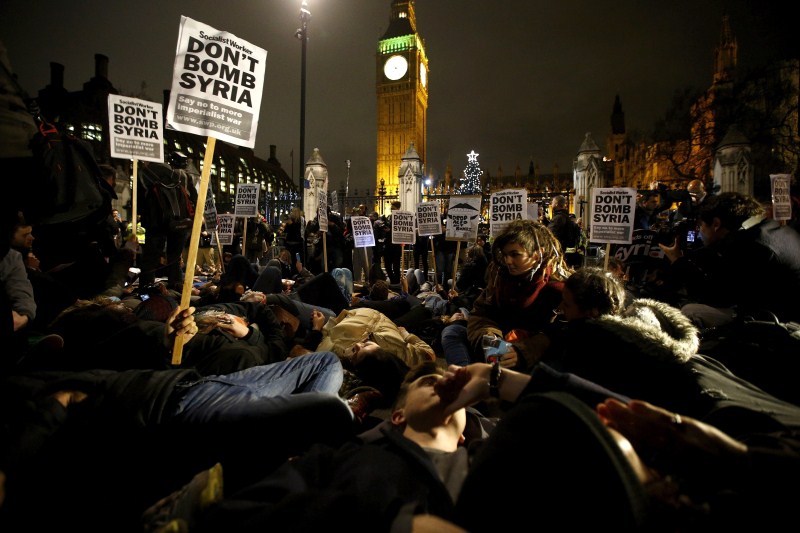 Britain's Parliament votes to launch bombing raids against Islamic State in Syria after more than 10 hours of tense debate. Anti-war protests in London,Anti-war protests,Islamic State,Syria