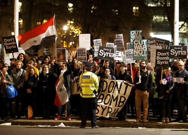 Britain's Parliament votes to launch bombing raids against Islamic State in Syria after more than 10 hours of tense debate. Anti-war protests in London,Anti-war protests,Islamic State,Syria