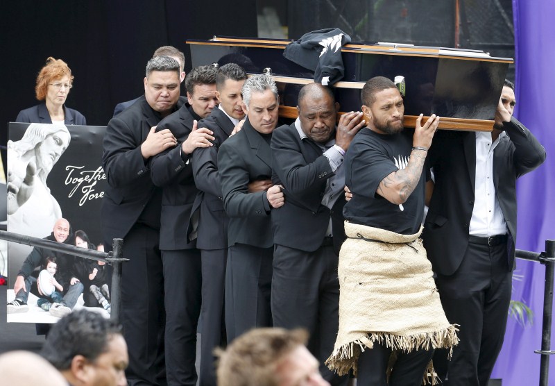 Former All Black Jonah Lomu's casket is carried out of Eden Park during his memorial service in Auckland, New Zealand. NZ bids farewell to Jonah Lomu,Jonah Lomu,Auckland,New Zealand