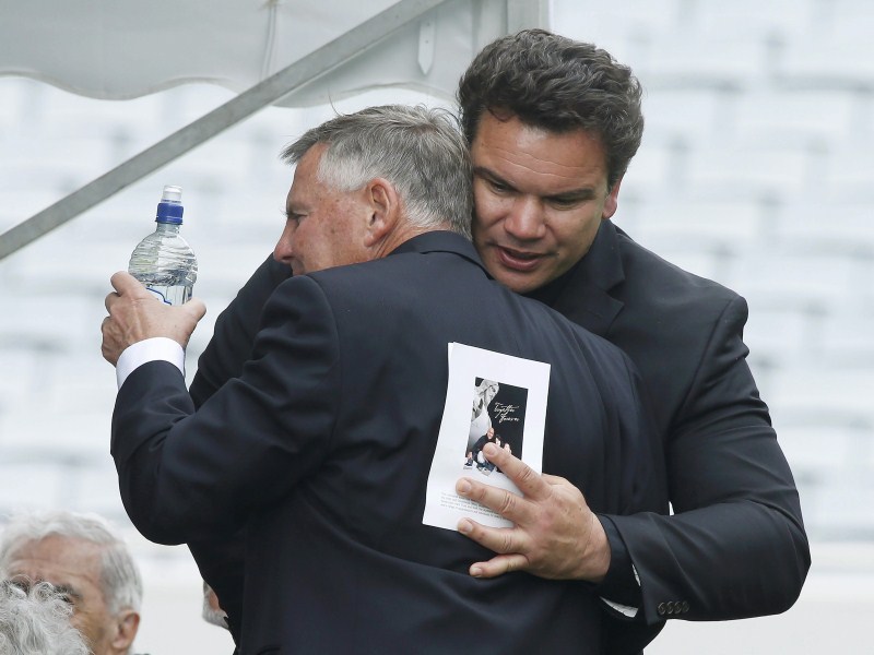 Former All Black Jonah Lomu's casket is carried out of Eden Park during his memorial service in Auckland, New Zealand. NZ bids farewell to Jonah Lomu,Jonah Lomu,Auckland,New Zealand