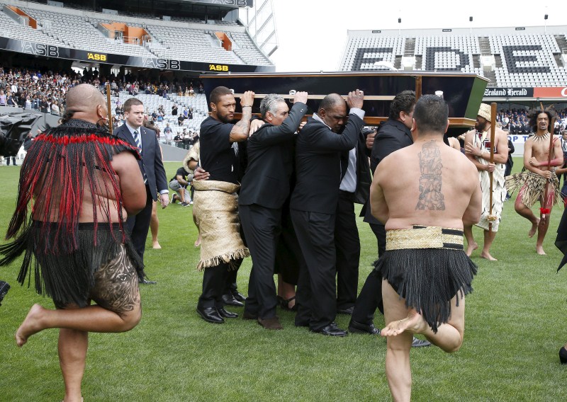 Former All Black Jonah Lomu's casket is carried out of Eden Park during his memorial service in Auckland, New Zealand. NZ bids farewell to Jonah Lomu,Jonah Lomu,Auckland,New Zealand