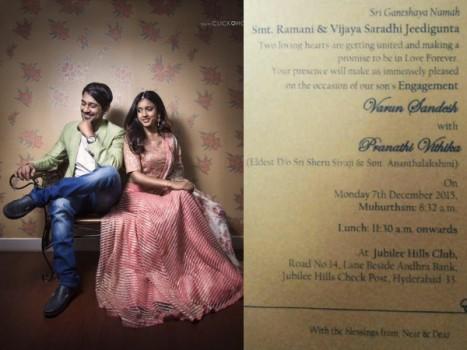 South Indian Actor Varun Sandesh and Vithika Sheru's Engagement Card.