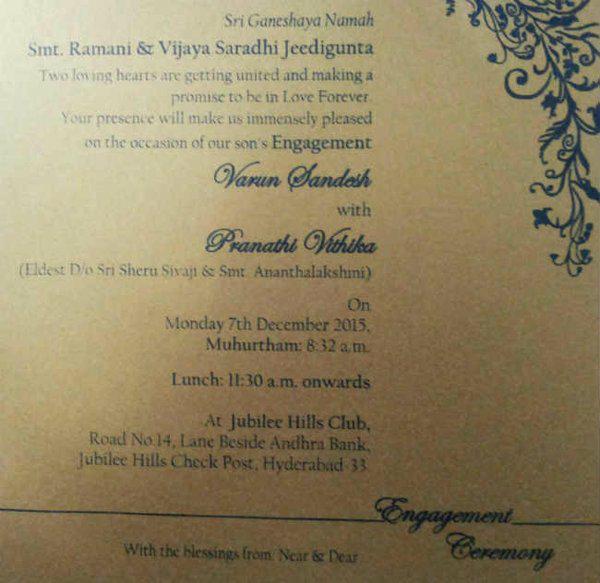 South Indian Actor Varun Sandesh and Vithika Sheru's Engagement Card. Varun Sandesh Engagement,Varun Sandesh,Varun Sandesh and Vithika Sheru,Vithika Sheru Engagement,Varun Sandesh Engagement Card,Vithika Sheru Engagement Card