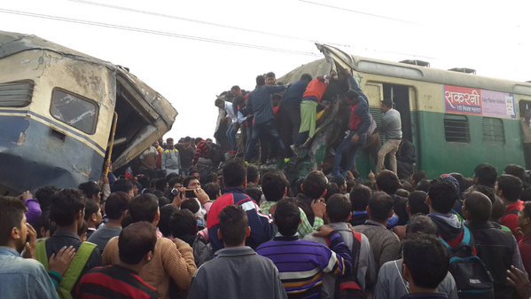 Nearly 100 people were injured when two trains collided in Haryana's Palwal district on Tuesday morning due to foggy conditions, police officials said. Train collision,Train collision in Haryana,Haryana Train collision,Haryana Train collision pics,Haryana Train collision images,Haryana Train collision photos,Haryana Train collision stills,Haryana Train collision pictures