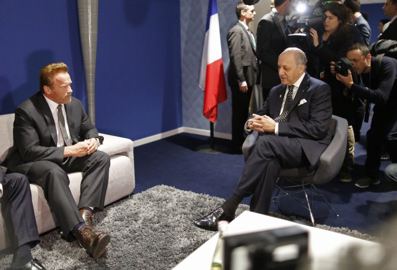 Arnold Schwarzenegger attends a meeting with the President-designate of COP21 during the World Climate Change Conference 2015 (COP21) at Le Bourget, near Paris. Arnold Schwarzenegger,World Climate Change Conference 2015,World Climate Change Conference,Arnold Schwarzenegger at World Climate Change Conference 2015,Arnold Schwarzenegger at World Climate Change Conference,COP21