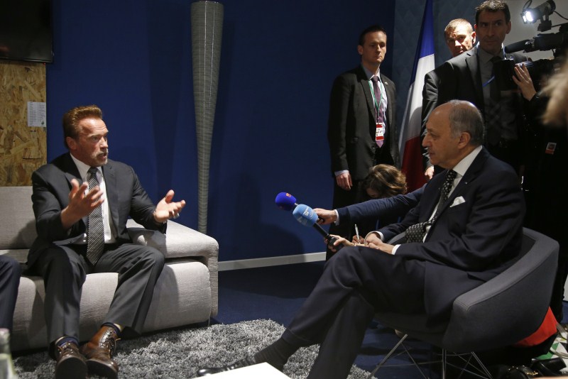 Arnold Schwarzenegger attends a meeting with the President-designate of COP21 during the World Climate Change Conference 2015 (COP21) at Le Bourget, near Paris. Arnold Schwarzenegger,World Climate Change Conference 2015,World Climate Change Conference,Arnold Schwarzenegger at World Climate Change Conference 2015,Arnold Schwarzenegger at World Climate Change Conference,COP21