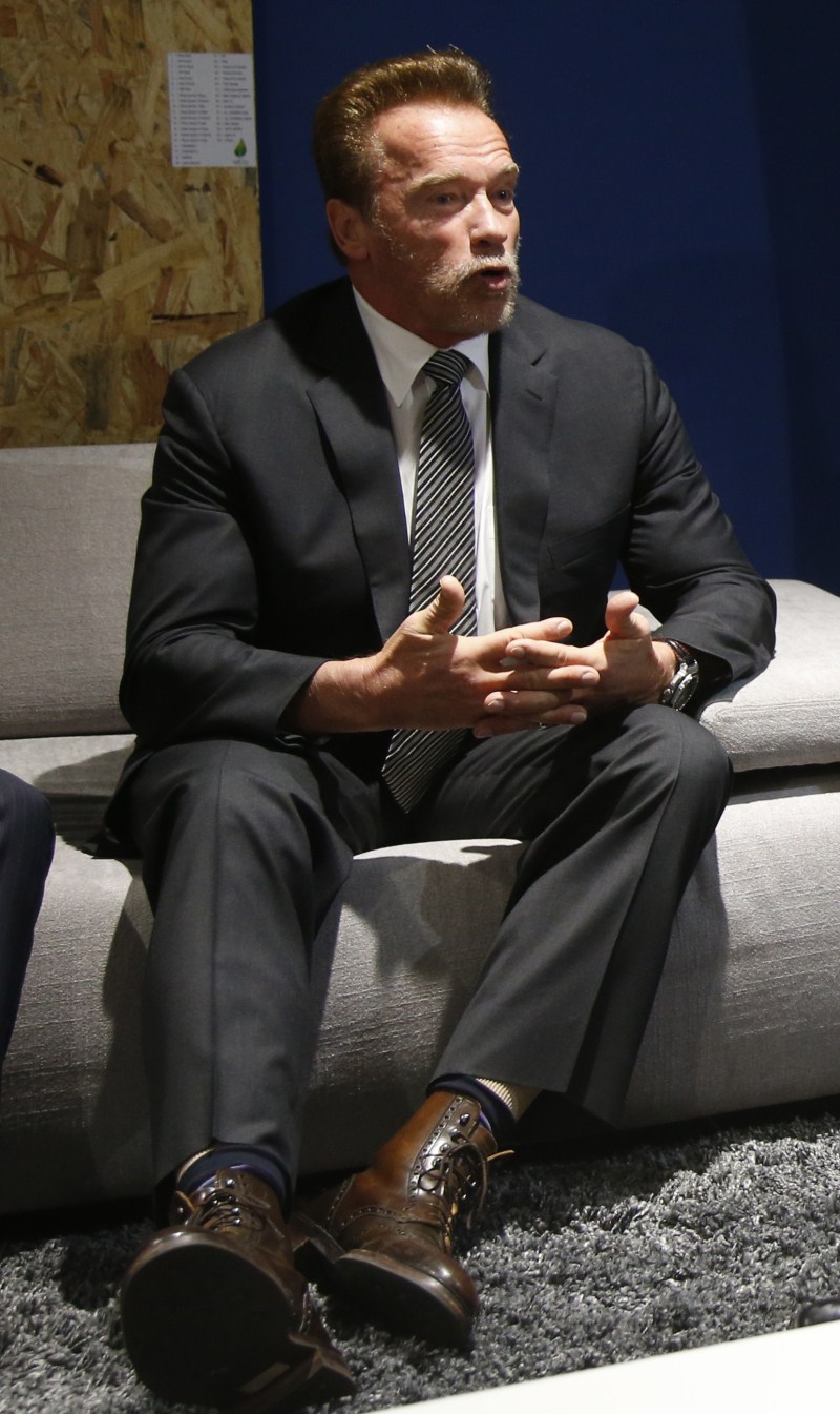Arnold Schwarzenegger attends a meeting with the President-designate of COP21 during the World Climate Change Conference 2015 (COP21) at Le Bourget, near Paris. Arnold Schwarzenegger,World Climate Change Conference 2015,World Climate Change Conference,Arnold Schwarzenegger at World Climate Change Conference 2015,Arnold Schwarzenegger at World Climate Change Conference,COP21