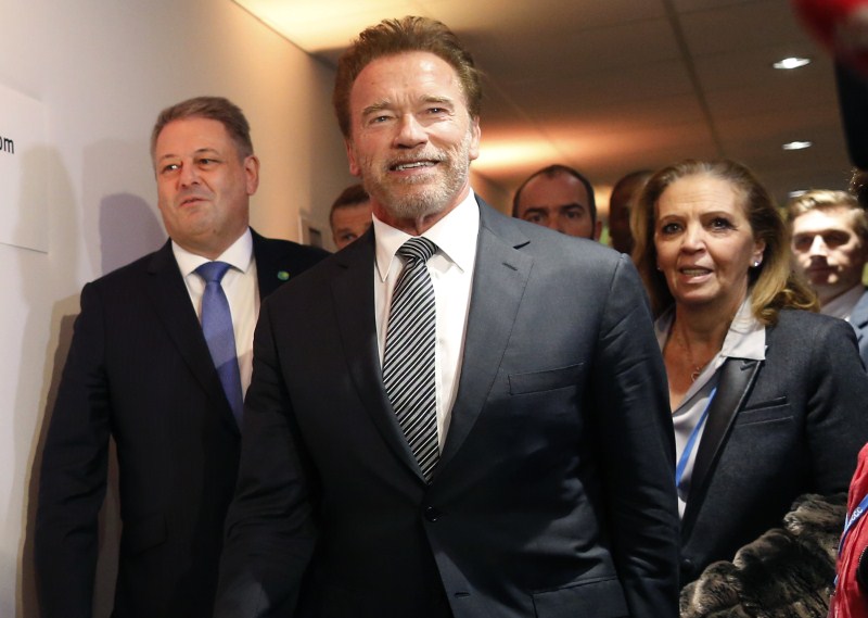 Arnold Schwarzenegger attends a meeting with the President-designate of COP21 during the World Climate Change Conference 2015 (COP21) at Le Bourget, near Paris. Arnold Schwarzenegger,World Climate Change Conference 2015,World Climate Change Conference,Arnold Schwarzenegger at World Climate Change Conference 2015,Arnold Schwarzenegger at World Climate Change Conference,COP21