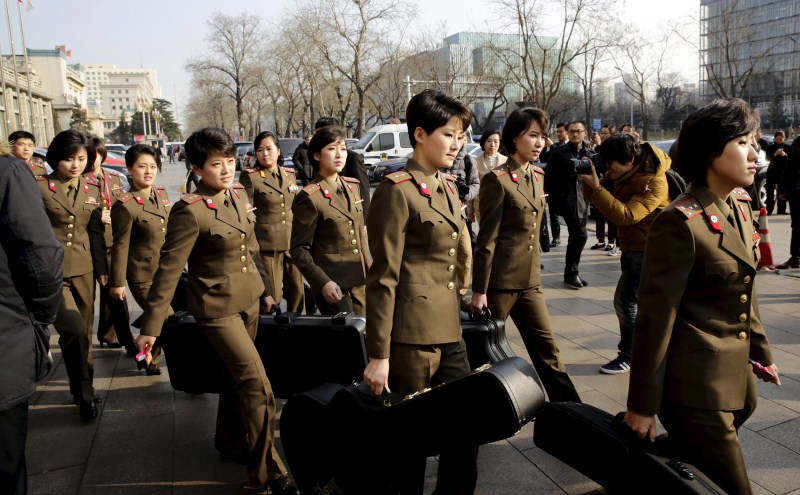 The Moranbong Band was visiting China along with North Korea's State Merited Chorus and was due to perform at Beijing's National Centre for the Performing Arts. North Korean pop band,Moranbong Band,Beijing National Centre,China