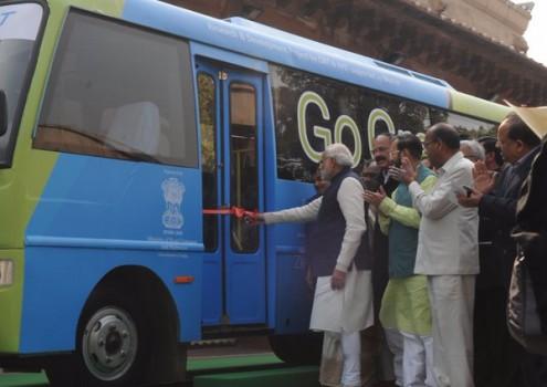 Prime Minister Narendra Modi on Monday inaugurated an electric bus service for parliamentarians aimed at promoting environment-friendly initiatives in the country's public transport system.