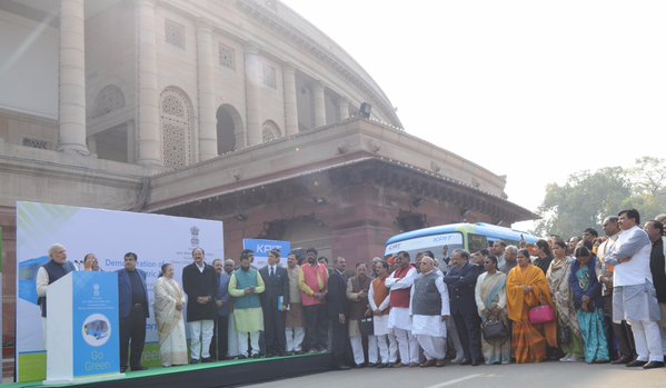 Prime Minister Narendra Modi on Monday inaugurated an electric bus service for parliamentarians aimed at promoting environment-friendly initiatives in the country's public transport system. Narendra Modi,PM Narendra Modi,PM Narendra Modi inaugurates electric bus service for MPs,PM Narendra Modi inaugurates electric bus,electric bus service for MPs,electric bus service